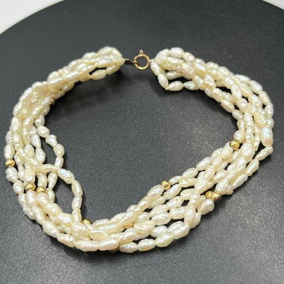 14k Yellow Gold Clasp Beaded Six Strand Freshwater Rice Pearls Women's Bracelet - Picture 1 of 9
